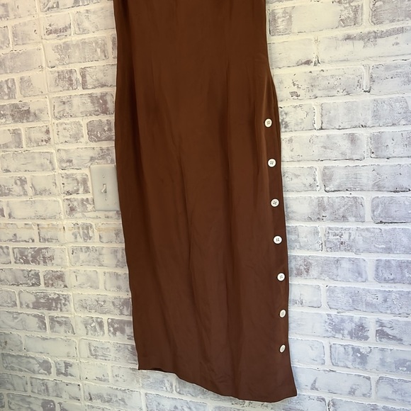 Vintage PATRICK 100% Silk Maxi Dress Brown Button Up Slit Women’s Size 10 - Picture 3 of 11